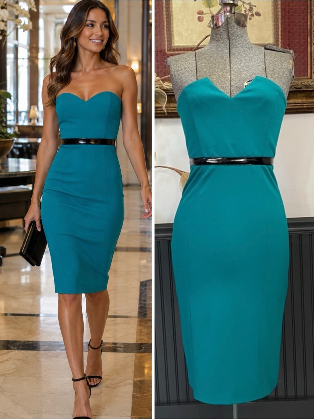 NWT Catherine Malandrino Bustier Strapless Sweetheart Teal Pencil Dress Sz S 💛